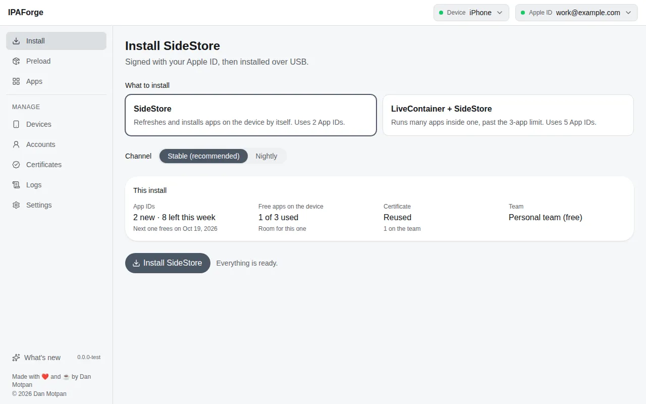 IPAForge's Install page: SideStore or LiveContainer with SideStore, the channel, and the install plan with App IDs left this week.